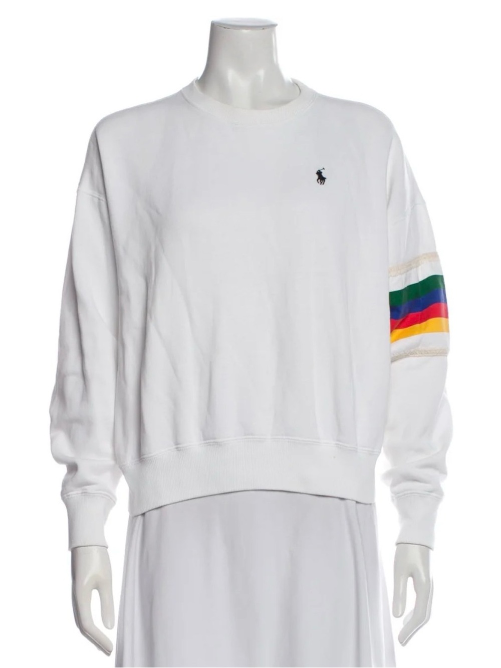 Ralph Lauren White Sweatshirt with Multicolor Sleeve Stripes